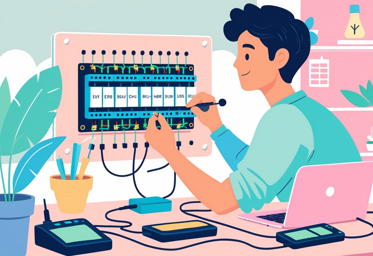 A person installing I/O relay boards onto a circuit panel at a tidy desk with tools and a small plant nearby.