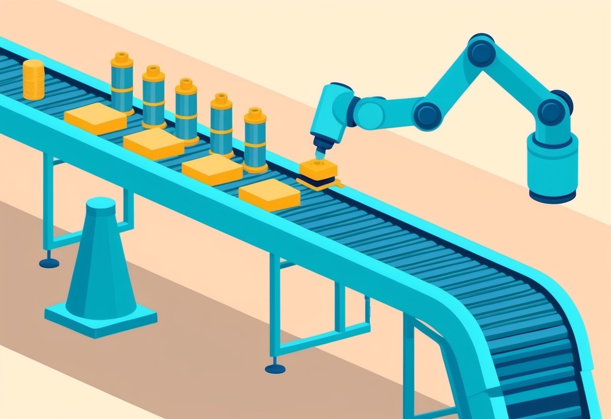 A conveyor belt moving products through a robotic arm assembly line in a factory