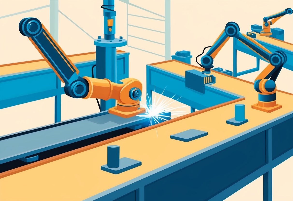 A mechanical arm welding in a factory, surrounded by conveyor belts and robotic arms assembling products