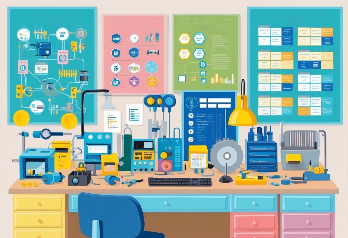 A cluttered workbench with various industrial automation components and tools, surrounded by posters and charts of industrial automation terms and standards