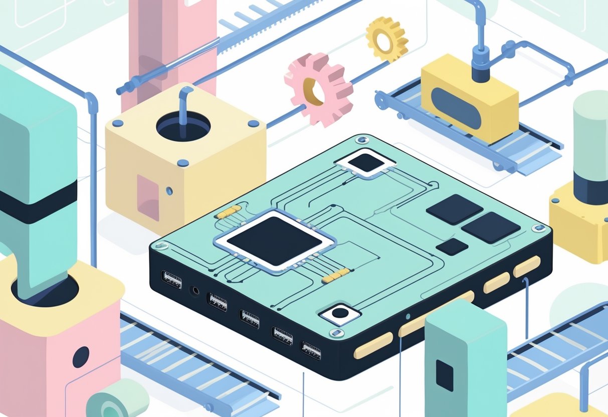 An industrial workspace showing circuit boards with input and output ports connected by lines, surrounded by abstract factory elements like gears and conveyor belts.