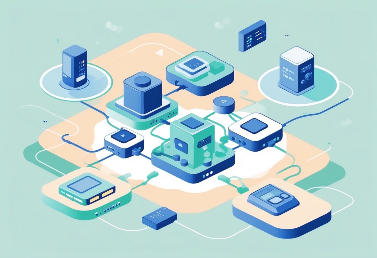 Illustration of interconnected industrial devices and machinery connected by flowing lines representing data communication.