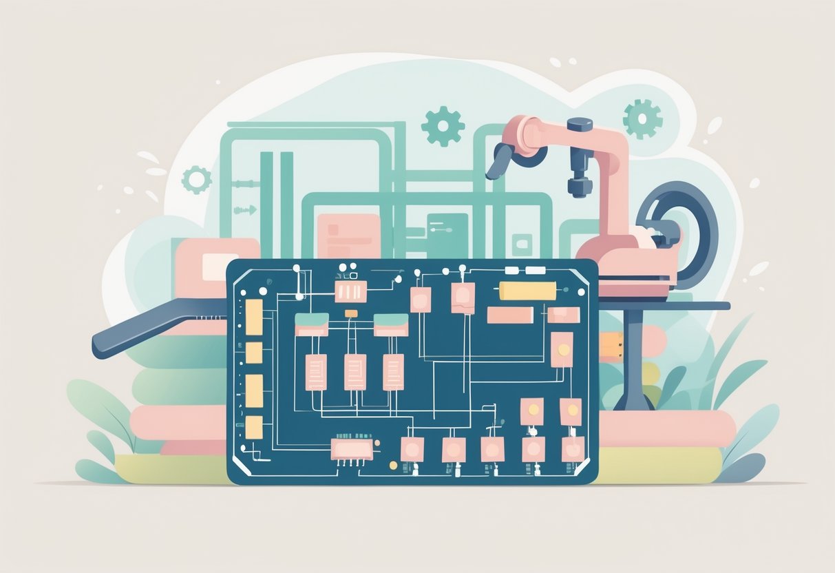 Illustrazione di una scheda elettronica con porte di ingresso e uscita, collegata a macchinari industriali come ingranaggi e bracci robotici.