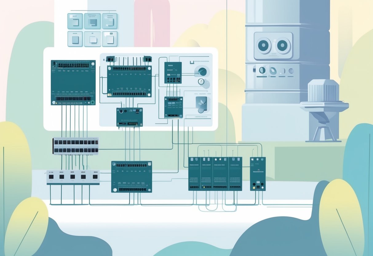 Illustrazione di più schede I/O collegate tra loro davanti a macchinari e pannelli di controllo industriali.