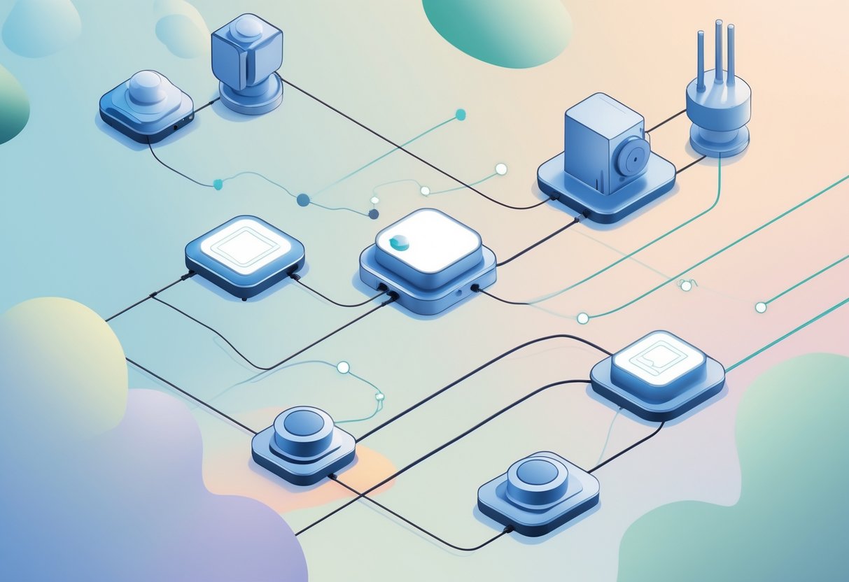 Illustrazione di dispositivi e macchinari industriali collegati da linee che rappresentano la comunicazione dati in una rete industriale.